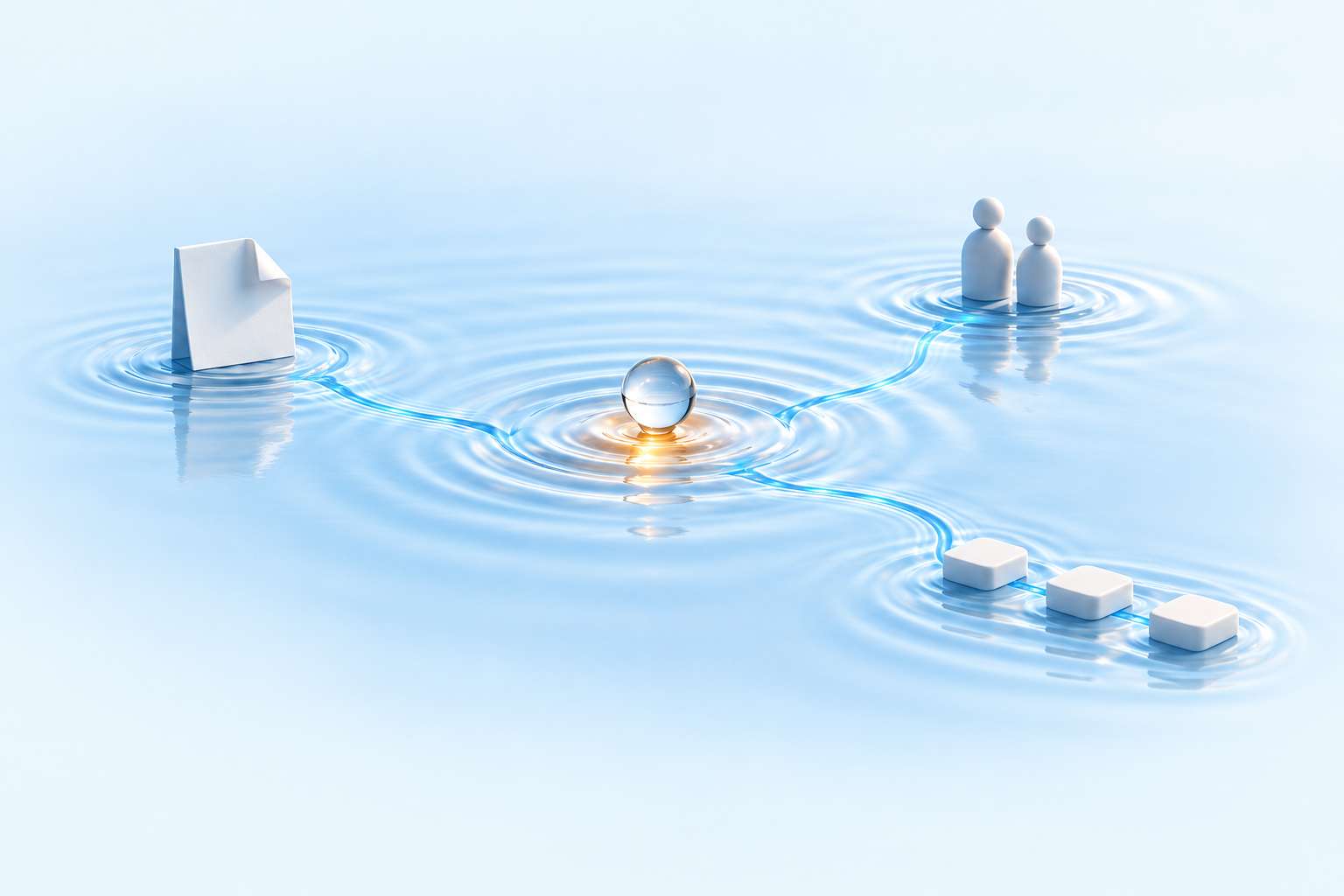 Eau calme avec au centre une goutte, reliée par des lignes à un document, deux personnes et trois étapes de processus successives
