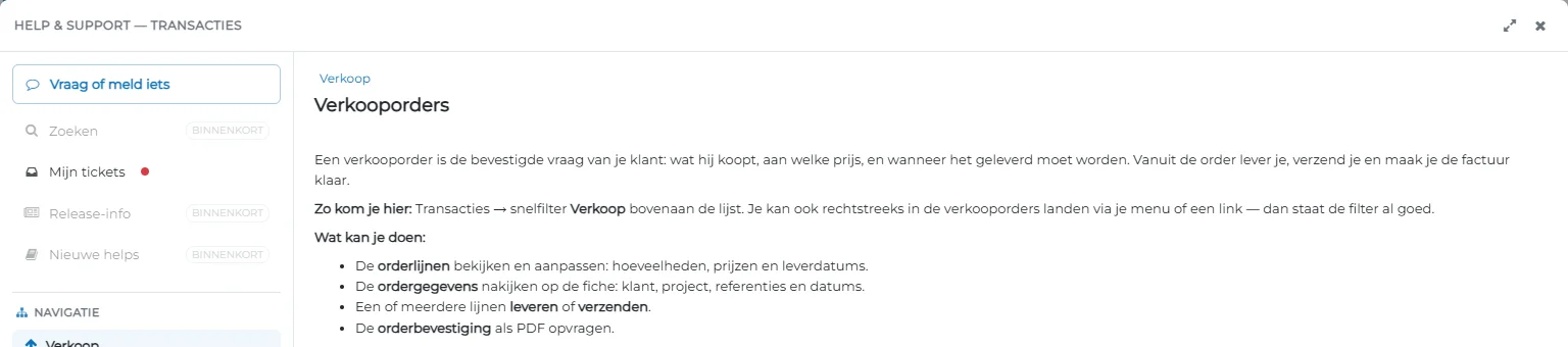 **Echt scherm uit de demo-omgeving**, met fictieve gegevens. De help bij het scherm Verkooporders, rechtstreeks in de software. Klik om te vergroten.