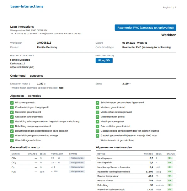 **Echt scherm uit de demo-omgeving**, met fictieve gegevens. De werkbon als PDF, met de controlepunten en de meetwaarden van de werkorder. Klik om te vergroten.