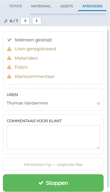**Echt scherm uit de demo-omgeving**, met fictieve gegevens. Een werkbon afronden op de gsm: Lean toont de punten die nog open staan. Klik om te vergroten.