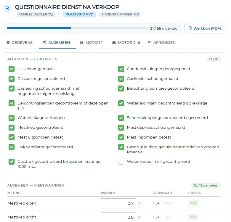 **Echt scherm uit de demo-omgeving**, met fictieve gegevens. Een ingevulde vragenlijst bij een werkorder: 17 van de 18 controles gedaan en alle meetwaarden in orde. Klik om te vergroten.
