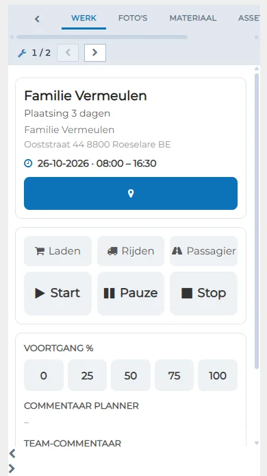**Echt scherm uit de demo-omgeving**, met fictieve gegevens. De mobiele werkbon op de gsm, voor een plaatsing bij de familie Vermeulen. Klik om te vergroten.