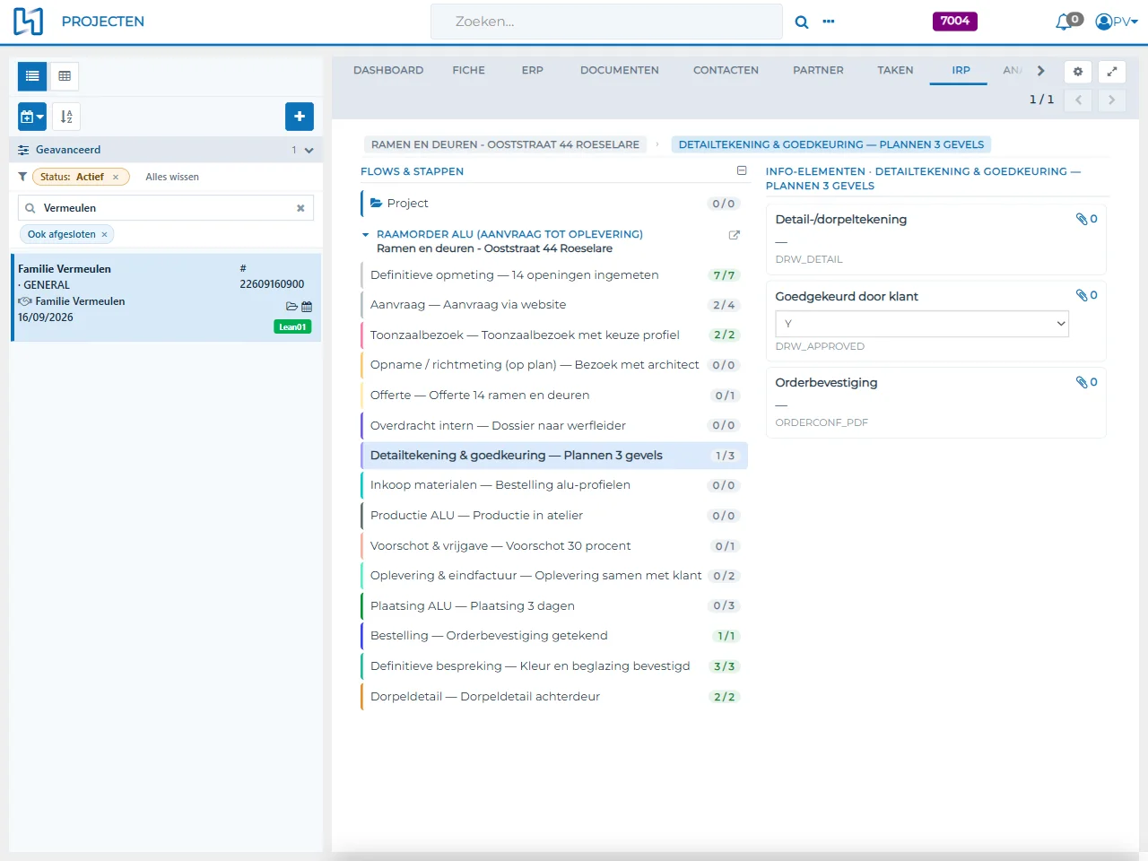 **Real screen from the demo environment**, with fictitious data. At the step "Detail drawing and approval", one of the three documents is in. Click to enlarge.